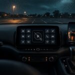 A parked car dashboard screen showing a greyed-out video play button among app tiles, rain on the windshield