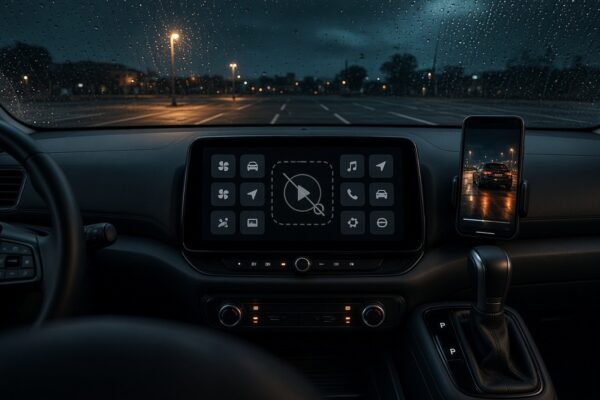 A parked car dashboard screen showing a greyed-out video play button among app tiles, rain on the windshield