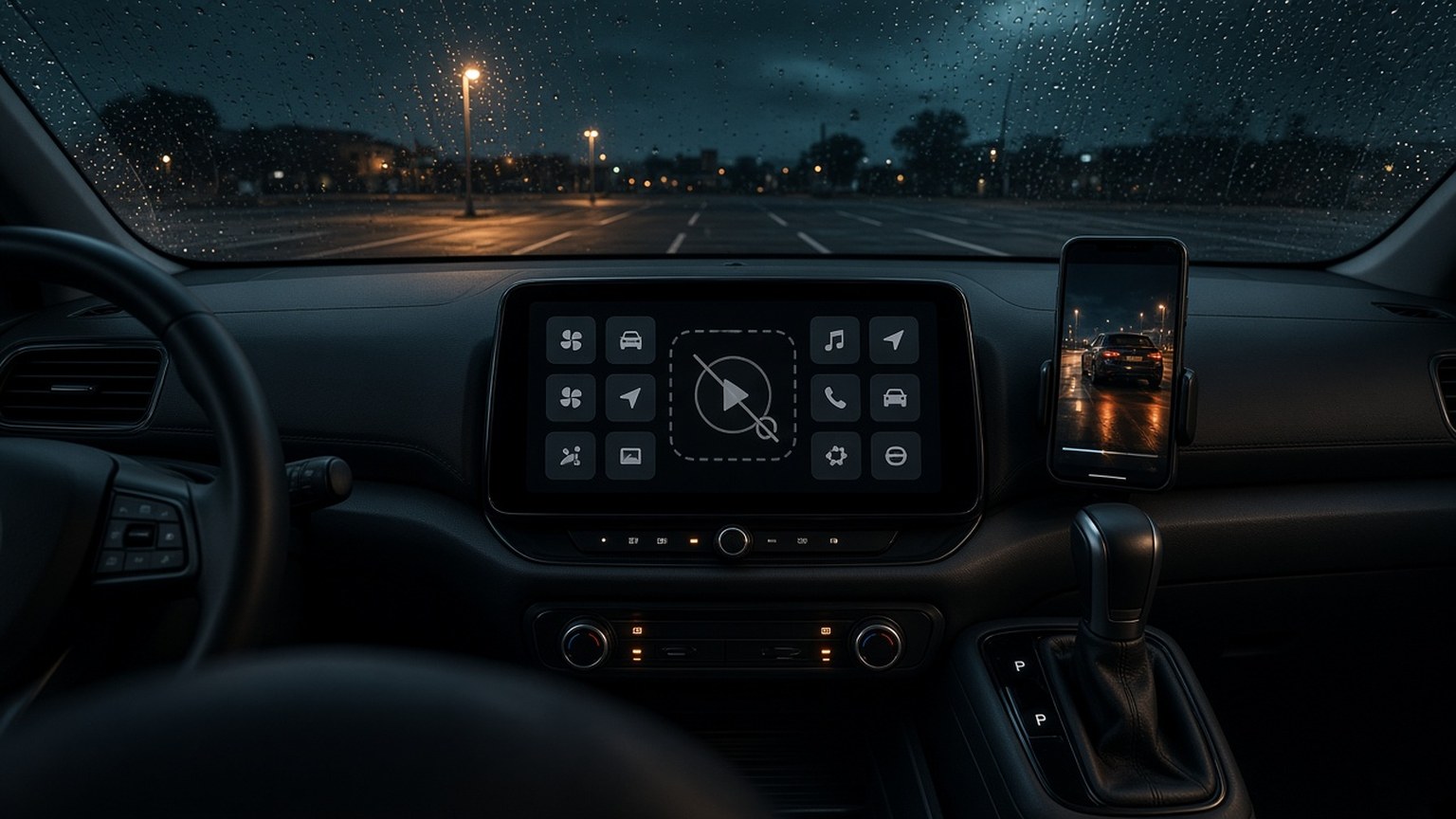 A parked car dashboard screen showing a greyed-out video play button among app tiles, rain on the windshield