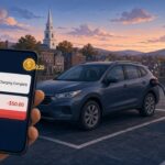 Illustration: a plug-in hybrid at a public EV charger at dusk, with a phone showing a Charging Complete alert and a $50.00 pending charge