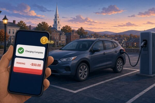 Illustration: a plug-in hybrid at a public EV charger at dusk, with a phone showing a Charging Complete alert and a $50.00 pending charge