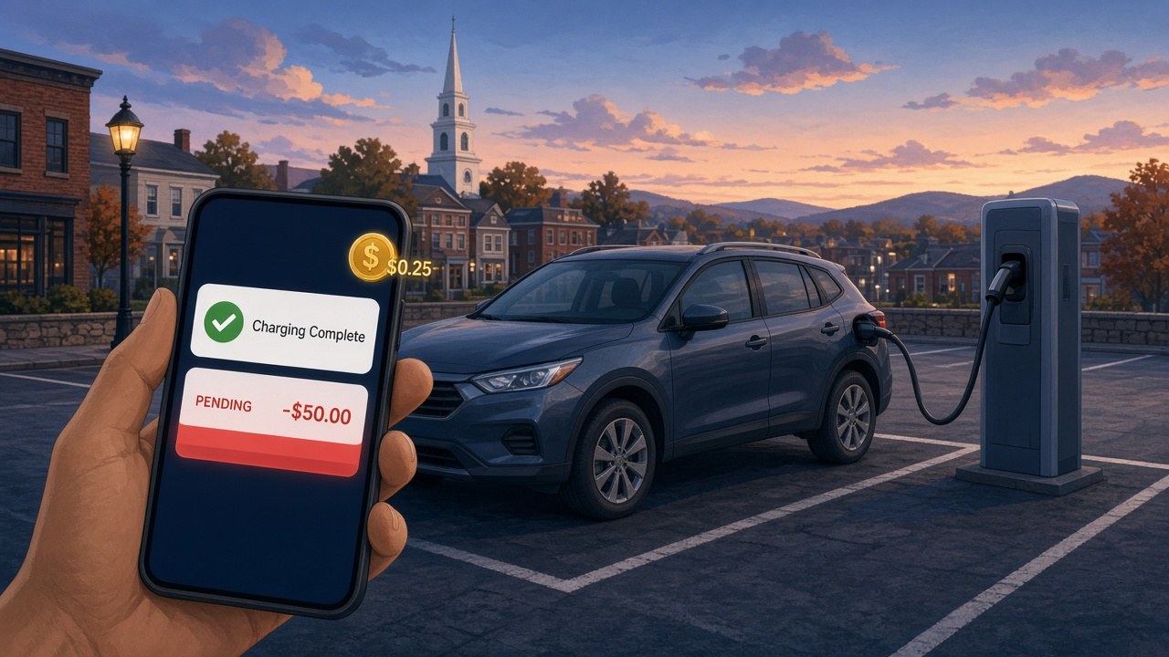 Illustration: a plug-in hybrid at a public EV charger at dusk, with a phone showing a Charging Complete alert and a $50.00 pending charge