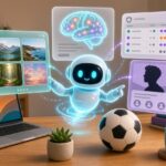 A friendly glowing robot assistant arranging floating web page cards above a laptop, with a brain scan motif and a soccer ball on the desk