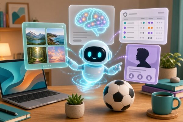 A friendly glowing robot assistant arranging floating web page cards above a laptop, with a brain scan motif and a soccer ball on the desk