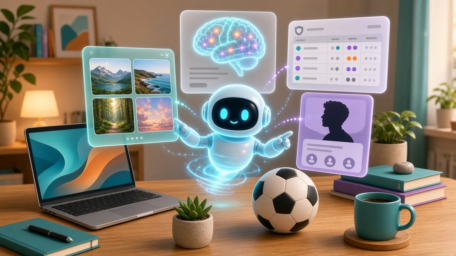 A friendly glowing robot assistant arranging floating web page cards above a laptop, with a brain scan motif and a soccer ball on the desk