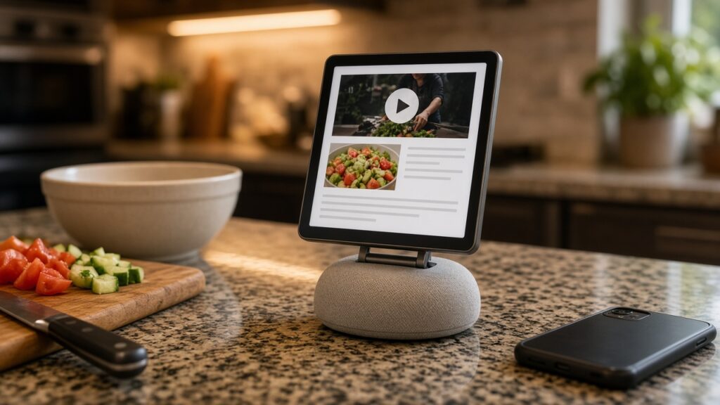 A small square-screened smart home display on a kitchen counter showing a cramped web page with a video and a recipe, next to chopped vegetables and a smartphone