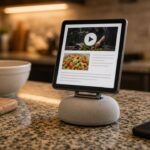 A small square-screened smart home display on a kitchen counter showing a cramped web page with a video and a recipe, next to chopped vegetables and a smartphone
