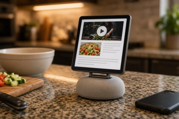 A small square-screened smart home display on a kitchen counter showing a cramped web page with a video and a recipe, next to chopped vegetables and a smartphone