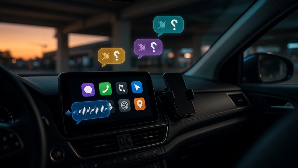 A car dashboard screen in a parking garage at dusk sends a voice message, while incoming chat bubbles with muted-speaker icons float above it, unheard.