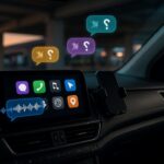 A car dashboard screen in a parking garage at dusk sends a voice message, while incoming chat bubbles with muted-speaker icons float above it, unheard.