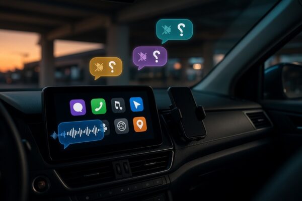A car dashboard screen in a parking garage at dusk sends a voice message, while incoming chat bubbles with muted-speaker icons float above it, unheard.