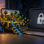 A blocky voxel world spanning an iPhone and iPad, stopping at the edge of a Mac laptop whose screen shows a padlock