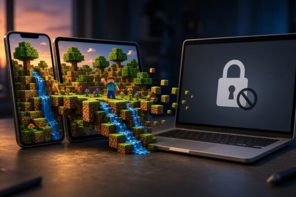 A blocky voxel world spanning an iPhone and iPad, stopping at the edge of a Mac laptop whose screen shows a padlock