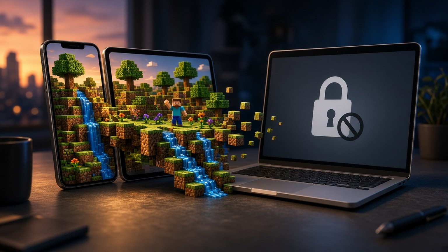 A blocky voxel world spanning an iPhone and iPad, stopping at the edge of a Mac laptop whose screen shows a padlock