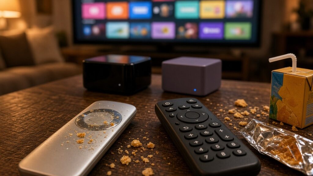 A smudged, crumb-covered silver touchpad remote next to a simple black button remote on a living room coffee table, with two generic streaming boxes and a TV full of app tiles behind them.