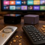 A smudged, crumb-covered silver touchpad remote next to a simple black button remote on a living room coffee table, with two generic streaming boxes and a TV full of app tiles behind them.