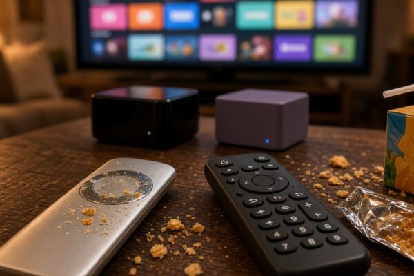 A smudged, crumb-covered silver touchpad remote next to a simple black button remote on a living room coffee table, with two generic streaming boxes and a TV full of app tiles behind them.